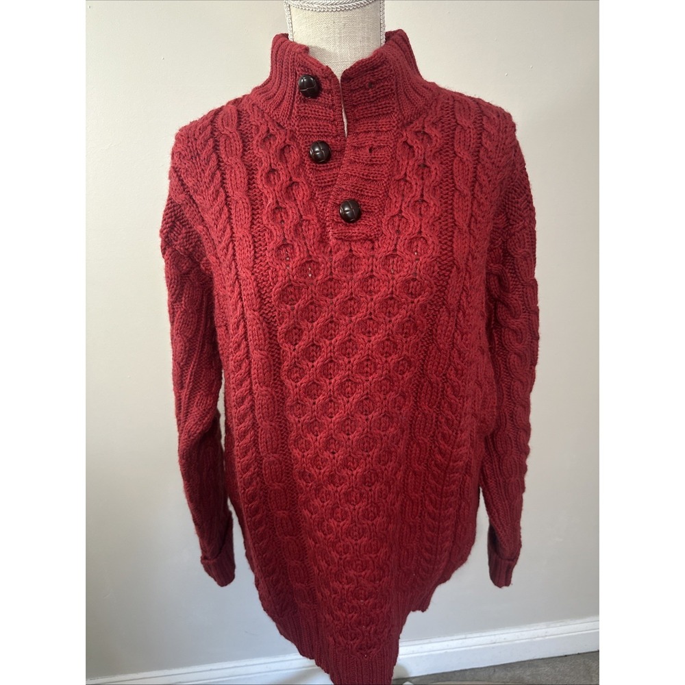 Vtg LL Bean Red Fisherman Sweater 100% Wool EUC Rare Unisex L  Made In Ireland
